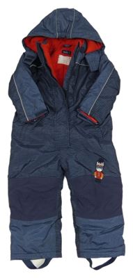 Šedomodrá pruhovaná šusťáková zimní kombinéza s chlapcem a kapucí 