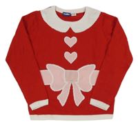 Červeno-bílo-růžový svetr s mašlí a srdíčky Lupilu