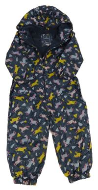 Tmavomodrá šusťáková zateplená kombinéza s jednorožci a kapucí Tu