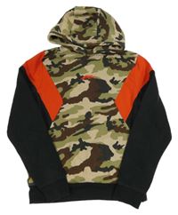 Černo-khaki-hnědo-červená army mikina s nápisem a kapucí Next