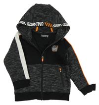 Černo-šedo-bílá melírovaná propínací mikina s nápisy a kapucí Nutmeg