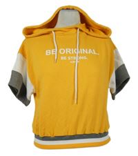 Dámské oranžovo-šedo-bílé teplákové crop tričko s nápisem a kapucí 