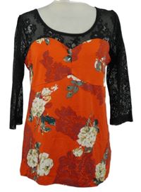 Dámské červeno-černé květované triko s krajkovými rukávy 