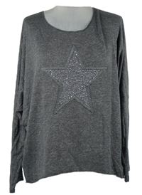 Dámský šedý melírovaný lehký svetr s hvězdou z kamínků Multiblu