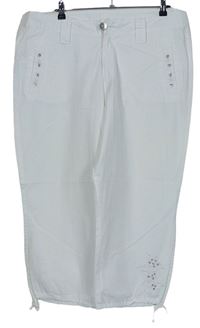 Dámské bílé plátěné capri kalhoty s výšivkou 