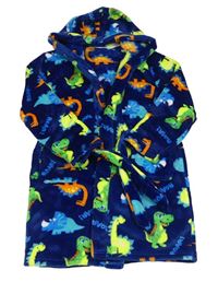 Modrý chlupatý župan s dinosaury a kapucí 