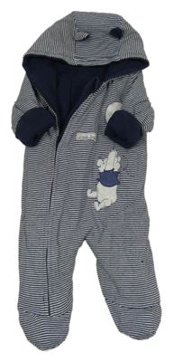 Tmavomodro-bílá pruhovaná zateplená kombinéza s Medvídkem Pú a kapucí George