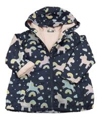 Tmavomodrá šusťáková jarní parka s jednorožci a kapucí 