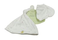 Nové - 2set - Bílá čepice s včelou a hvězdami + rukavice 