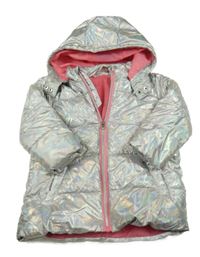 Stříbrná metalická šusťáková zimní bunda s kapucí 