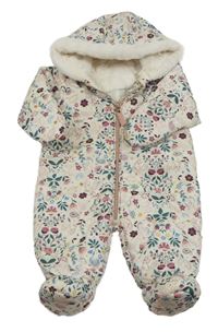 Smetanová květovaná šusťáková zimní kombinéza se ježky a kapucí Nutmeg