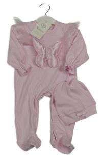 Nové - Světlerůžový overal s 3D motýlem a čepice 