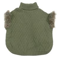 Khaki pletené pončo s kožešinou a rolákem 