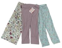 Nové - 3x legíny - pudrové fialové + bílo-barevné květované + světlemodré květované Tu