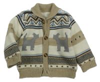 Bílo-béžovo-modrý podšitý propínací svetr se vzorem a pejsky Nutmeg