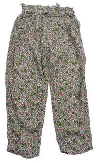 Khaki-bílo-růžové kytičkované lehké letní kalhoty Benetton 