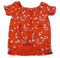 Červené kytičkované crop tričko s motýlky a uzlem Kids 