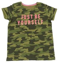 Khaki army tričko s růžovým nápisem Primark