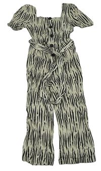 Smetanovo-černý vzorovaný culottes overal s páskem F&F