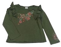 Khaki triko s kytičkami a volánky C&A