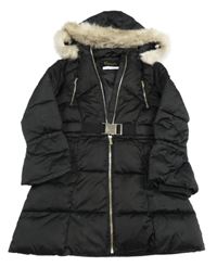 Černý šusťákový zimní kabát s páskem a kapucí River Island