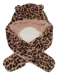 Růžovo-béžovo-hnědá vzorovaná kožešinová čepice se šálou 