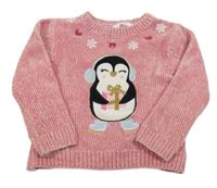 Světlerůžový žinylkový svetr s tučňákem Primark