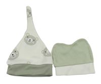 2x Khaki-bílá čepice + čepice s medvídky 