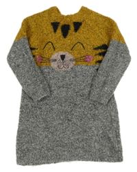 Šedo-okrové pletené vlněné šaty s tygrem Next