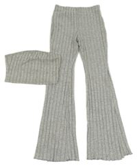2set - Šedé žebrované úpletové flare kalhoty + crop top Shein