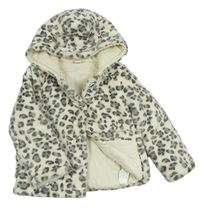 Smetanovo-šedá vzorovaná chlupatá zateplená bunda s kapucí s oušky LC WaIKIKI