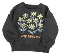 Tmavošedá oversize mikina s kytičkami a nápisem F&F