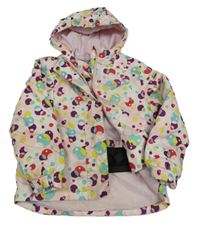 Světlerůžovo-bílo-barevná vzorovaná šusťáková zimní lyžařská bunda s kapucí lupilu