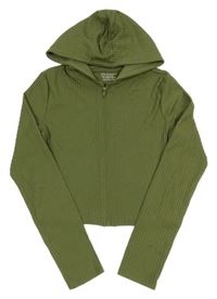Khaki žebrovaná propínací crop mikina s kapucí PRIMARK