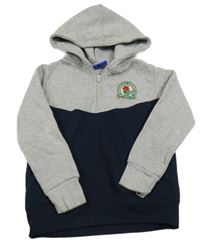 Tmavomodro-šedá melírovaná teplá mikina se znakem a kapucí 