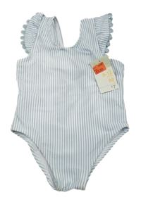 Nové - světlemodro-bílé pruhované krepové jednodílné plavky s volánky PRIMARK