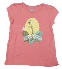 Růžové tričko se žirafou a lístečky lupilu