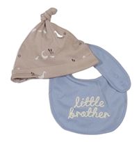 2set - Béžová čepice s kachničkami + světlemodrý bryndák s nápisem Mayby Baby 