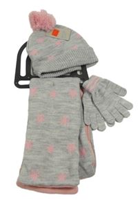 Nové - 2set - Šedá melírovaná pletená čepice s hvězdami + šála + prstové rukavice Primark