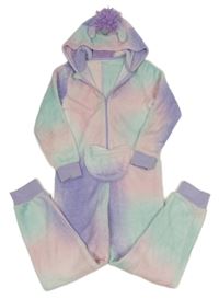 Růžovo-mátovo-lila chlupatá kombinéza s kapucí - jednorožec