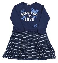 Tmavomodré teplákovo/šifonové šaty s motýly a puntíky H&M