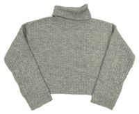 Šedý melírovaný žebrovaný vlněný crop svetr s rolákem H&M