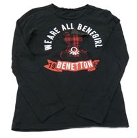 Černé triko s kostkovaným medvědem s mašlí Benetton