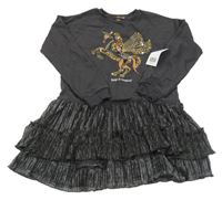 Nové - Antracitové teplákovo/tylové šaty s jednorožcem z flitrů a třpytkami F&F