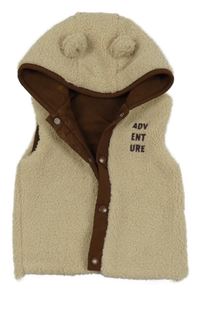 Béžová huňatá zateplená vesta s nápisem a kapucí Nutmeg