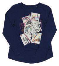 Tmavomodré triko s dívkami a srdcem s kamínky C&A