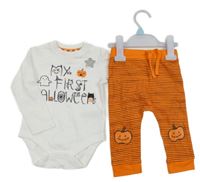 Nové - 2set - Bílé body s halloweenským motivem + oranžovo-černé pruhované lehké tepláky F&F