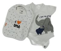 2set - Bílé zavinovací body se slony + bílý vzorovaný slinták s nápisem