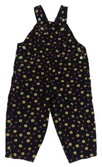 Černo-žluto-červené květované manšestrové laclové podšité kalhoty 