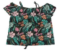 Černo-zeleno-růžový květovaný crop top C&A